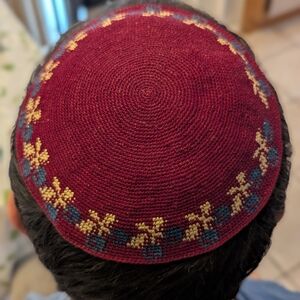 Red Hand Crafted Kippah with Blue Floral Design. Jewish. Made In Israel.